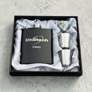 Custom engraved black stainless steel hip flask gift set in satin lined box with shot glasses and funnel, branded corporate gift
