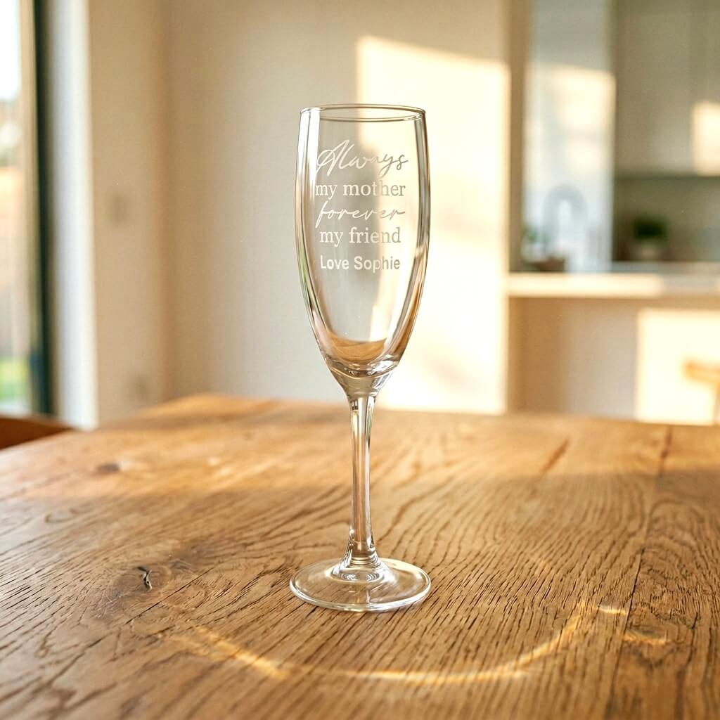 Custom engraved champagne flute for Mum with "Always my mother, forever my friend" message and personalised name on a wooden table