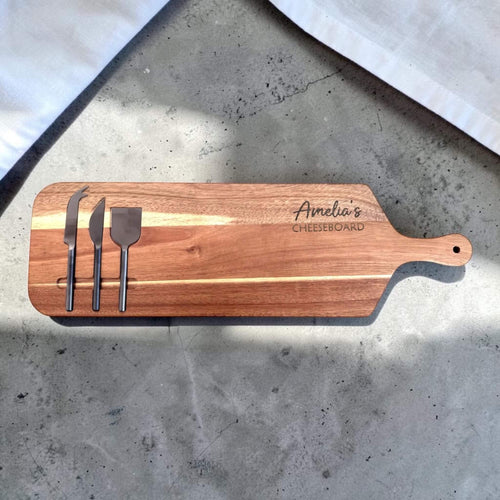 Custom engraved cheeseboard and knife set with personalised name, overhead flat lay, personalised gift NZ