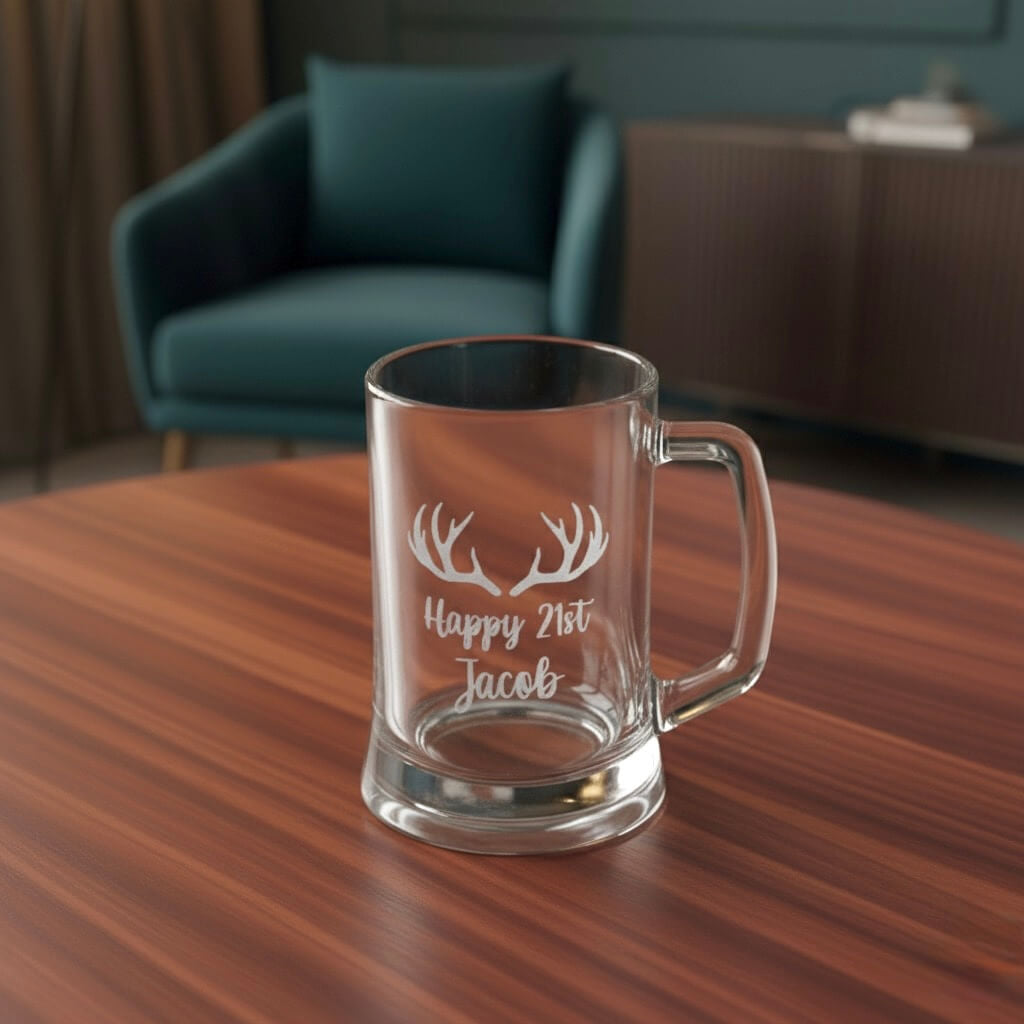 Custom engraved glass beer mug with antlers and “Happy 21st Jacob” text, perfect 21st birthday gift for men