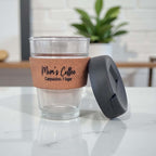 Custom engraved glass coffee cup for Mum with cork sleeve and loose black lid