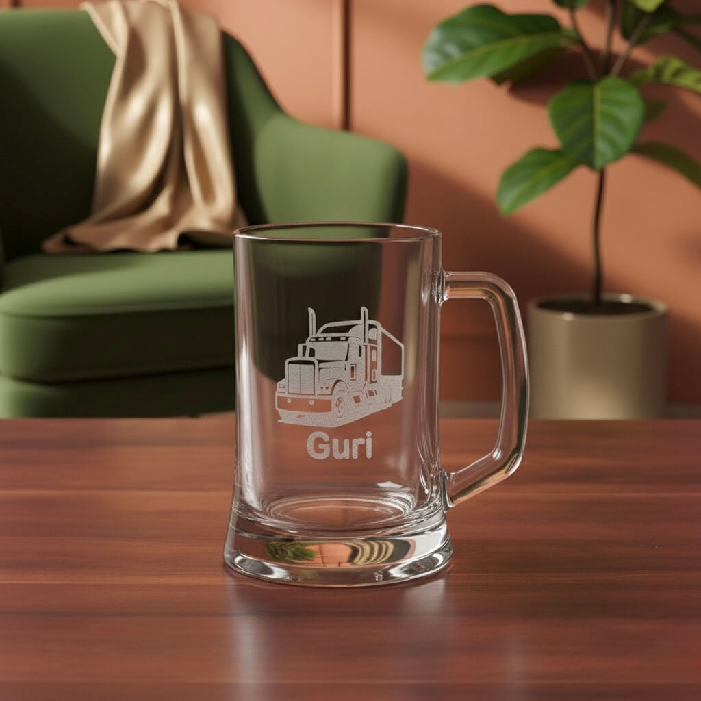 Custom engraved truck-themed beer mug with name Guri, displayed beside green chair and indoor plant