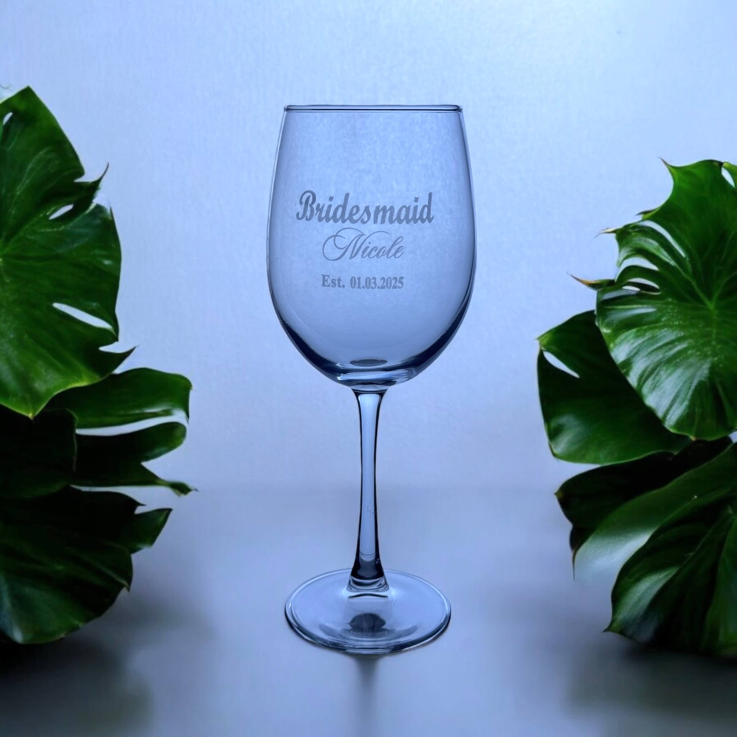 Custom engraved wine glass for bridesmaid gifts