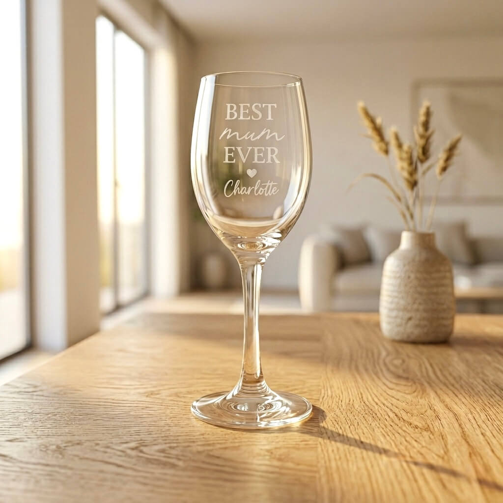 Custom engraved wine glass gift for Mum featuring "Best Mum Ever" design and personalised name on a wooden table