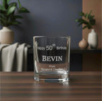 Custom etched birthday glass with Bevin 50th message, personalised gift for dad or him