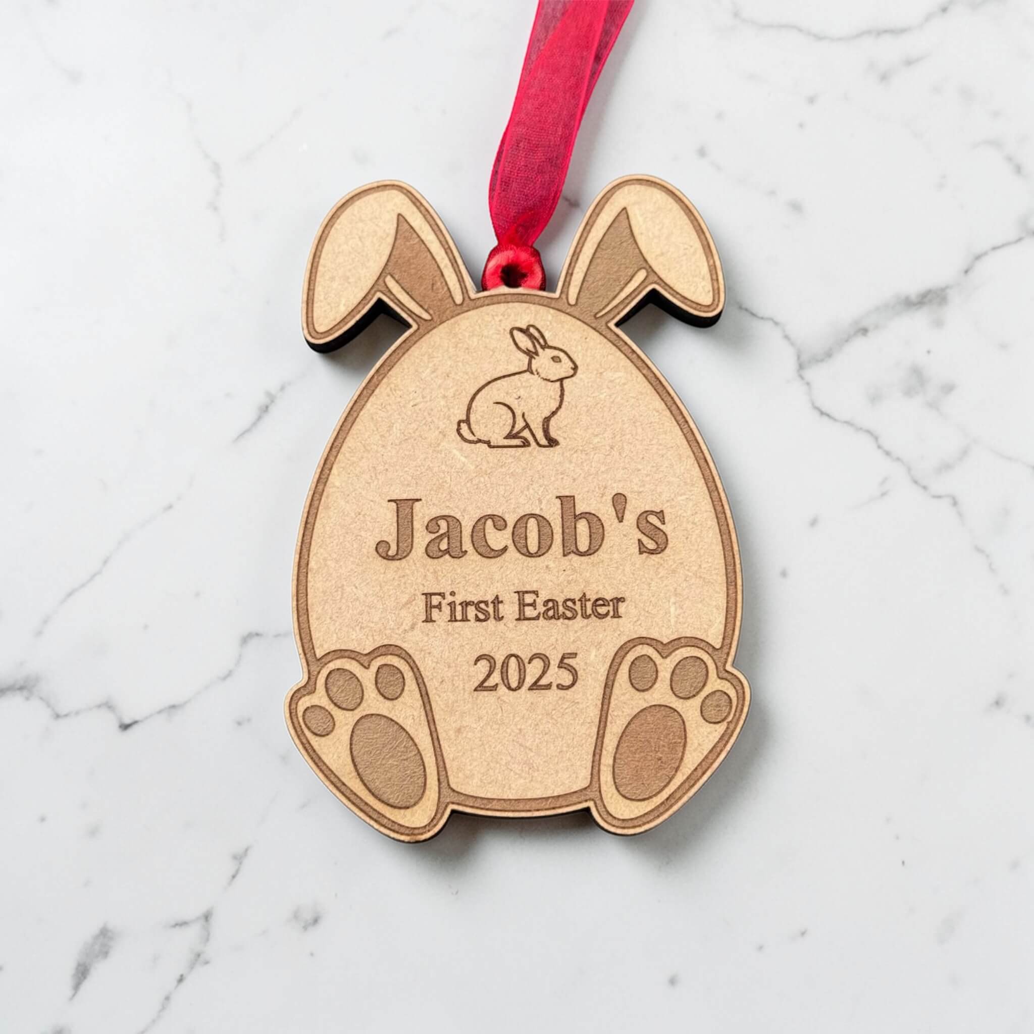 Custom laser engraved Easter basket tag with bunny ears and paws, personalised baby's first Easter keepsake gift 2026