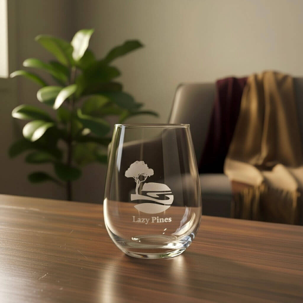 Custom logo-engraved wine glass displayed in warm, modern office lounge setting