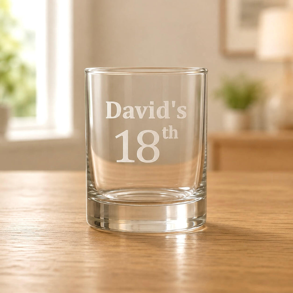 Custom name clear shot glass with frosted 18th birthday etching on a wooden table