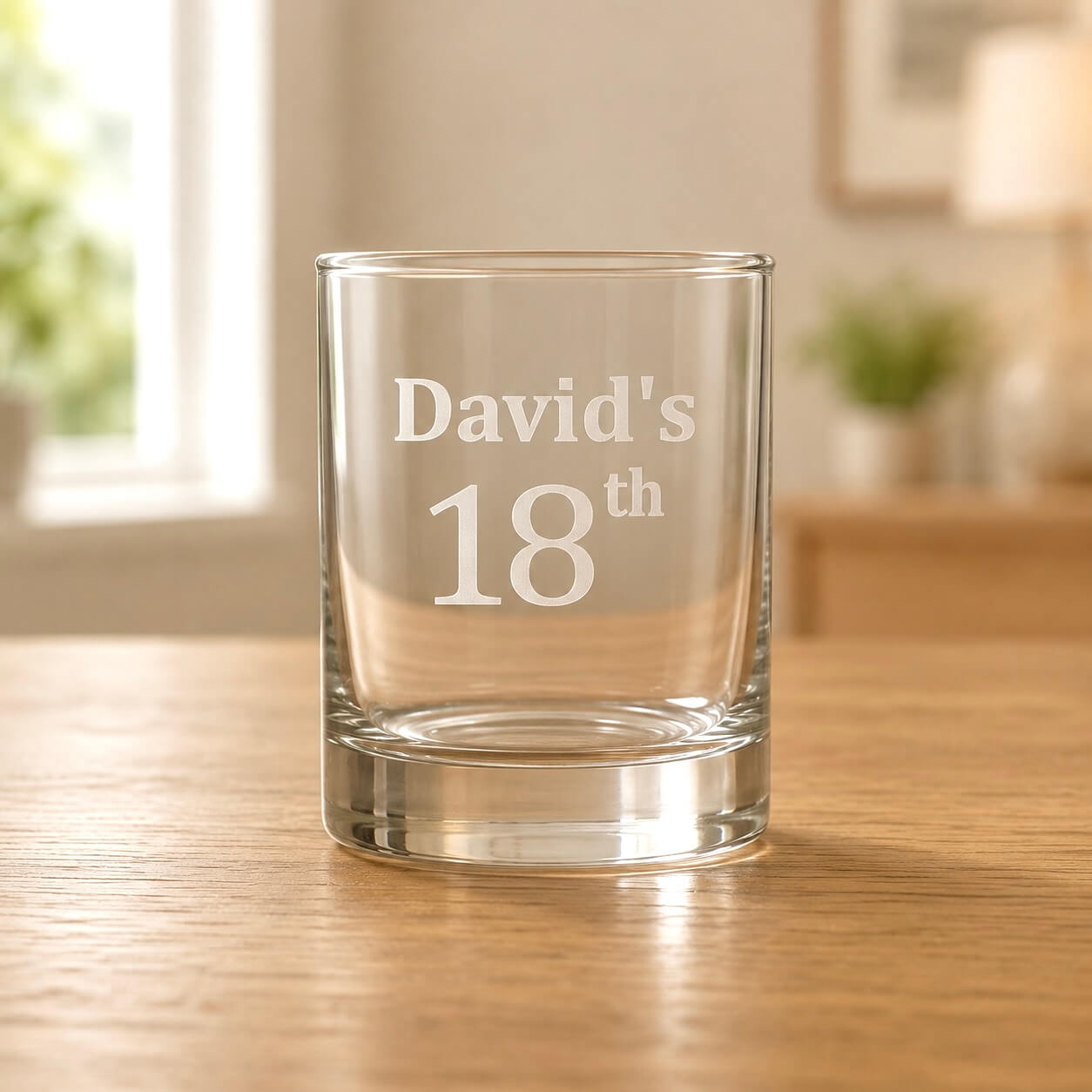 Custom name clear shot glass with frosted 18th birthday etching on a wooden table