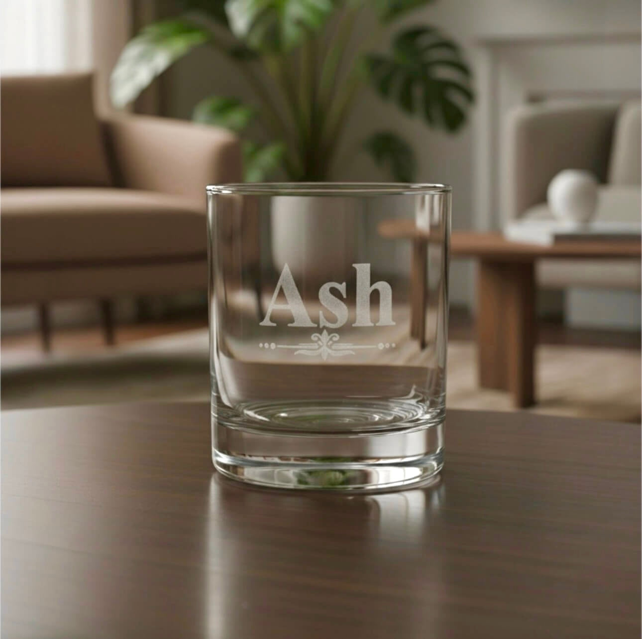 Custom name etched whiskey glass Ash, elegant gift idea for barware lovers or milestones