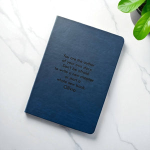 Custom navy blue journal with inspirational quote and Olivia name, personalised writing gift for women