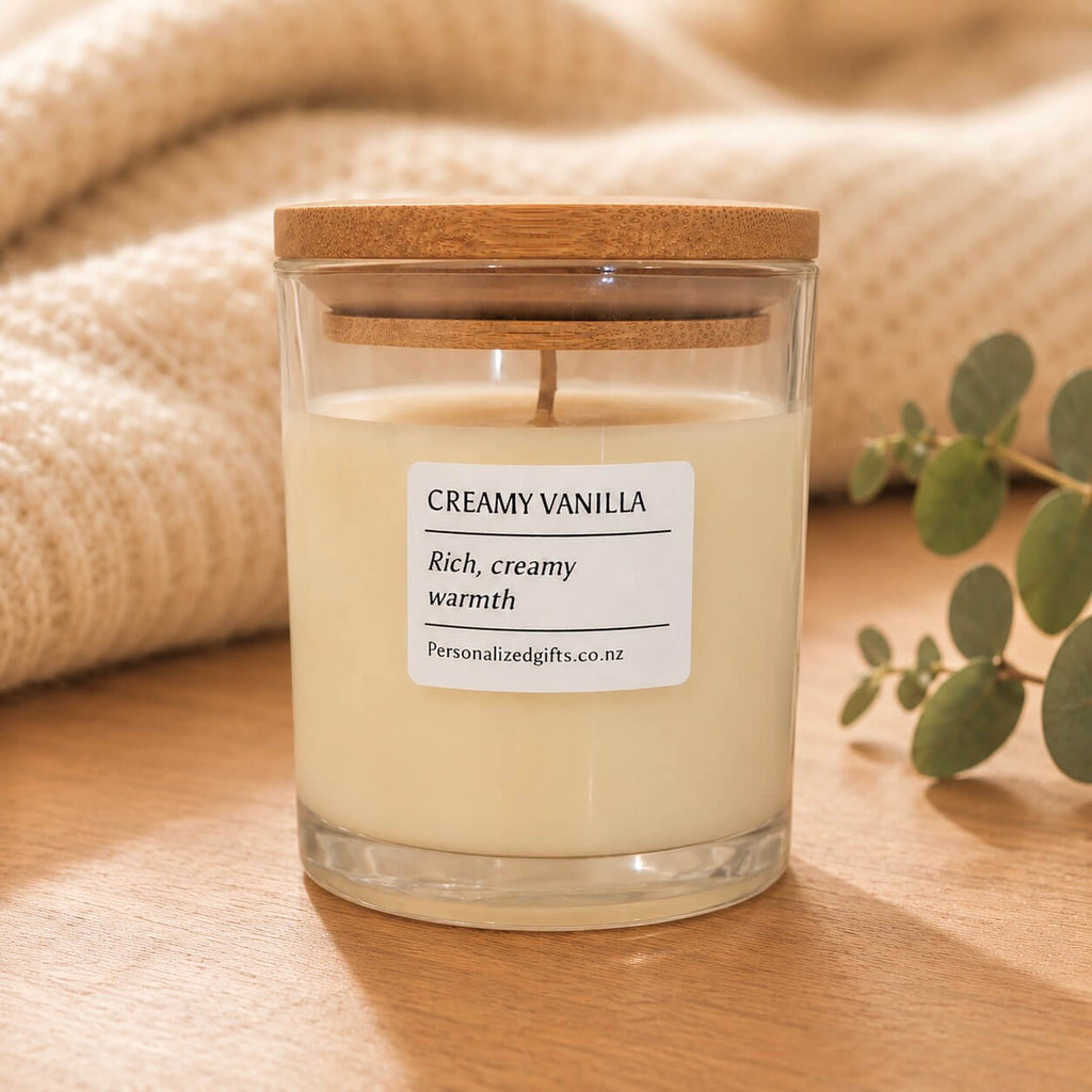 Custom scented soy candle in clear glass jar with Creamy Vanilla label and wooden lid