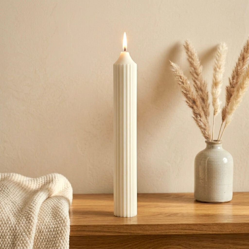Custom scented tall ribbed soy wax candle styled on a bedside table in a calm NZ home