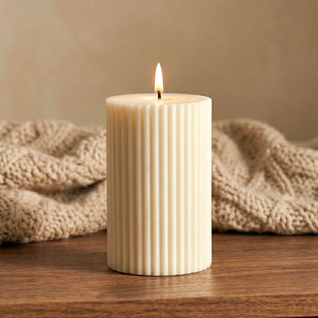 Custom scented white ribbed candle with a lit wick on a wooden surface with a beige knitted blanket in the background.