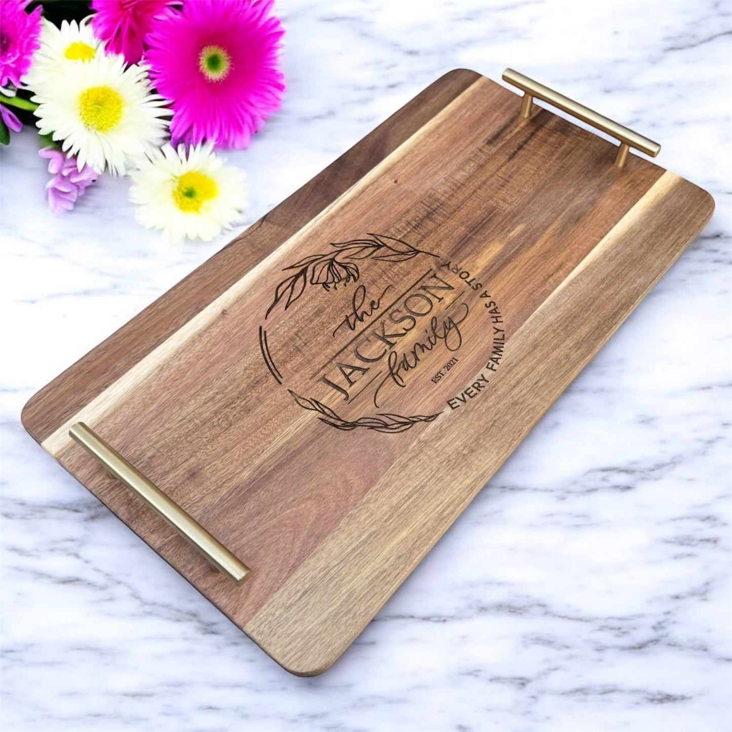 Custom serving board with stainless steel handles for weddings and anniversaries
