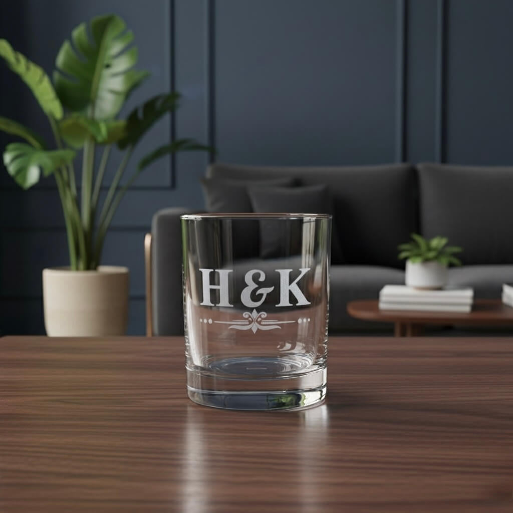 Custom tumbler with H&K initials and scroll design, romantic engraved glass for partners