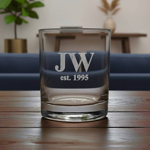Custom tumbler with JW initials and est. 1995 engraving, personalised birthday or anniversary gift