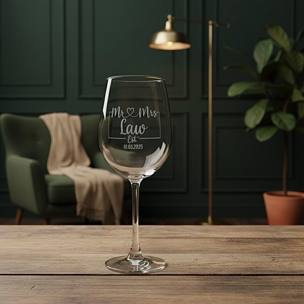 Custom wedding wine glass with Mr & Mrs engraving, anniversary date, and surname detail.