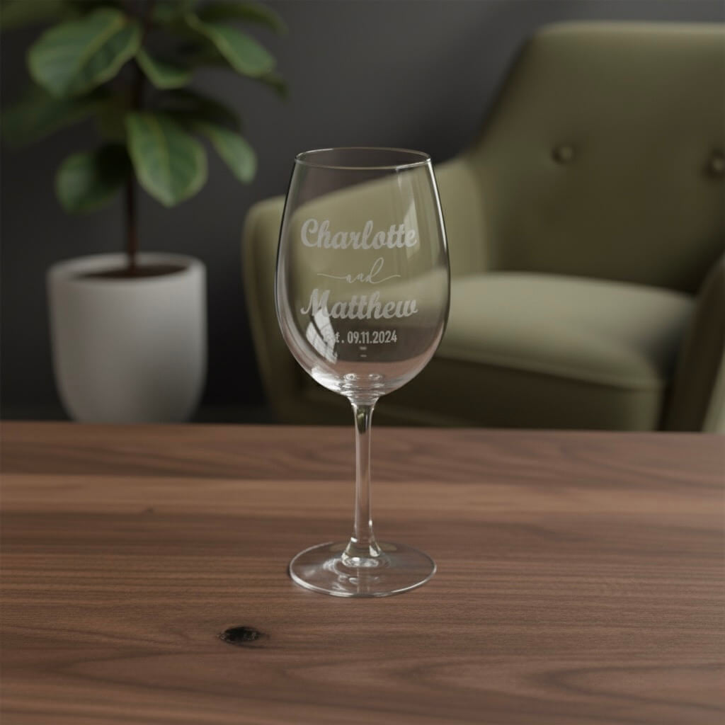 Custom wedding wine glass with engraved couple names displayed in modern lounge