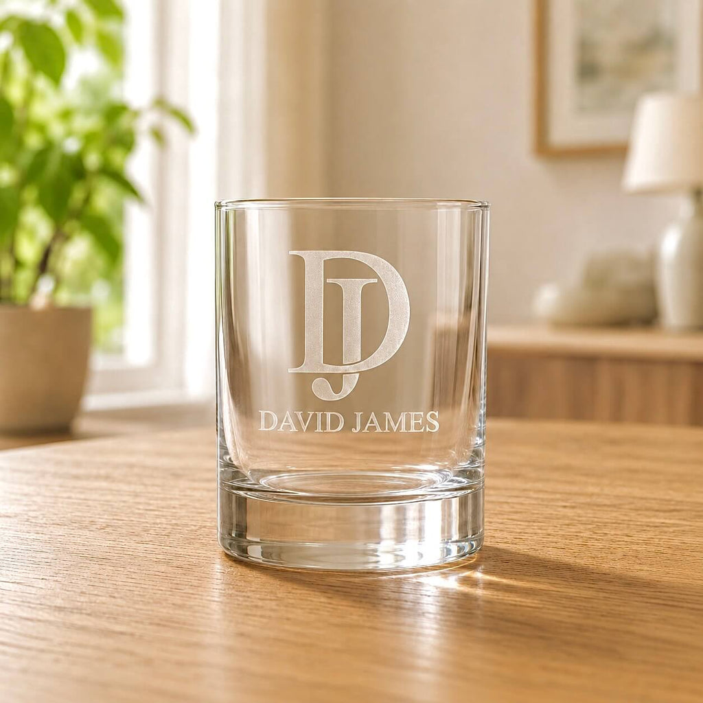 Custom whiskey glass with DJ initials and David James etched on clear glass