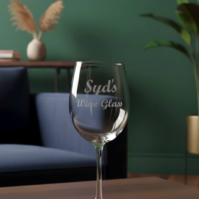Custom wine glass engraved with Syd's Wine Glass, personalised gift for wine lovers