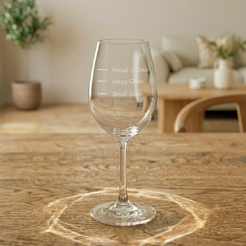 Custom wine glass gift with engraved name and funny pour guide design