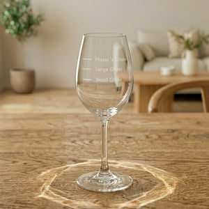 Custom wine glass gift with engraved name and funny pour guide design