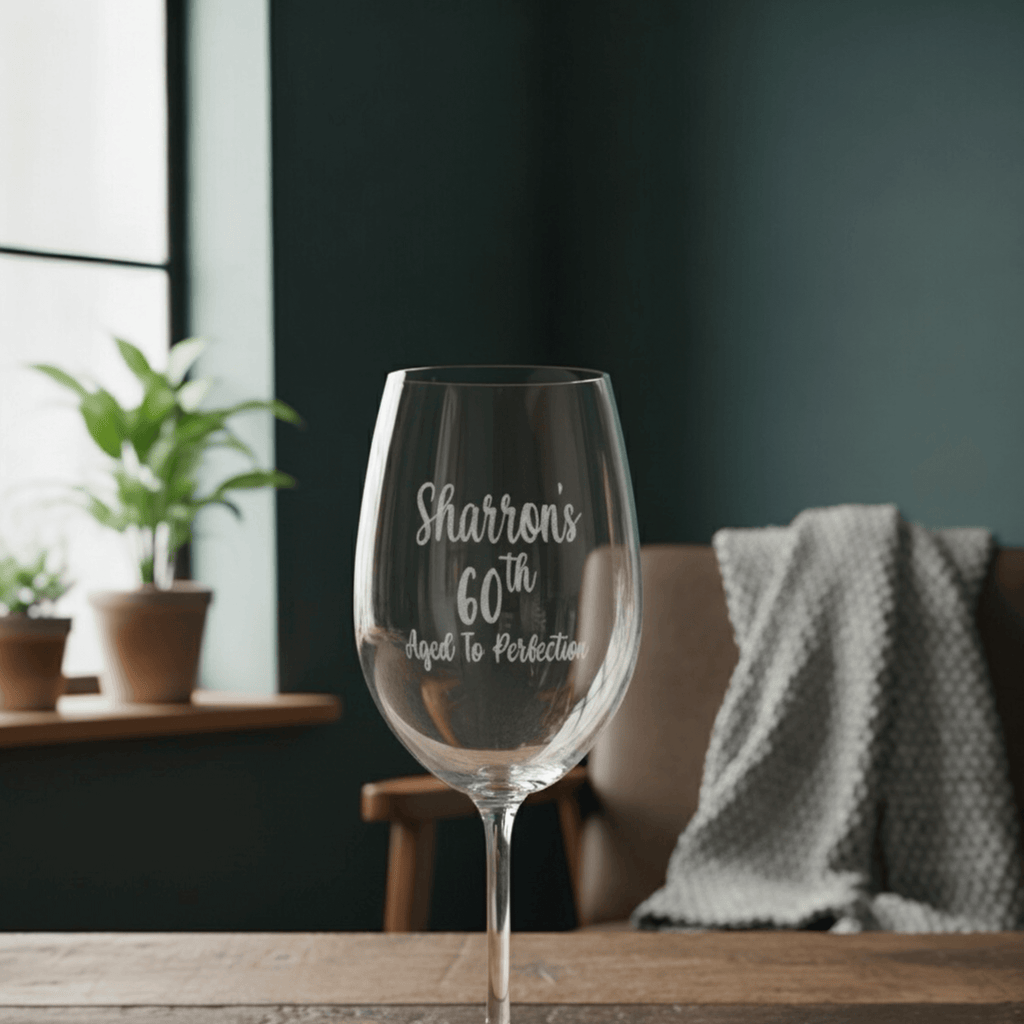 Custom wine glass with Sharron’s 60th birthday message, unique engraved gift for women