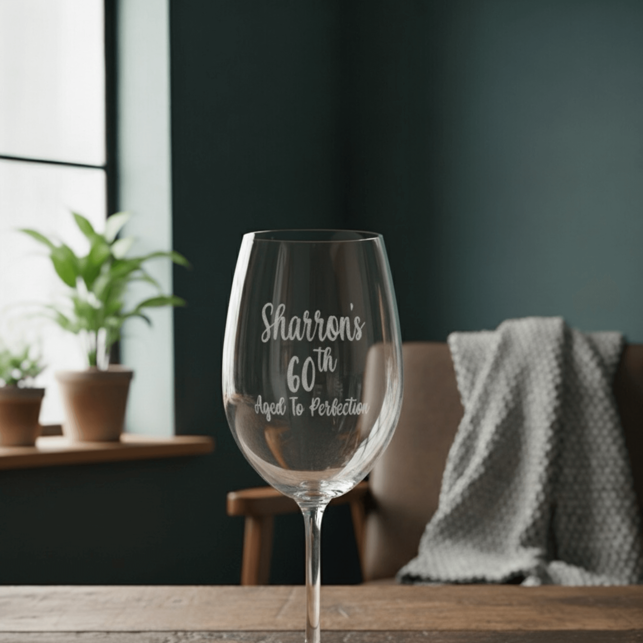 Custom wine glass with Sharron’s 60th birthday message, unique engraved gift for women
