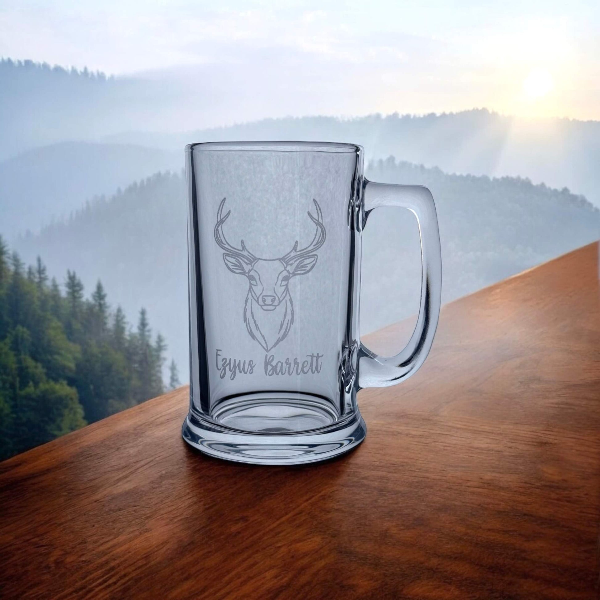 Deer head engraved beer glass with custom name below