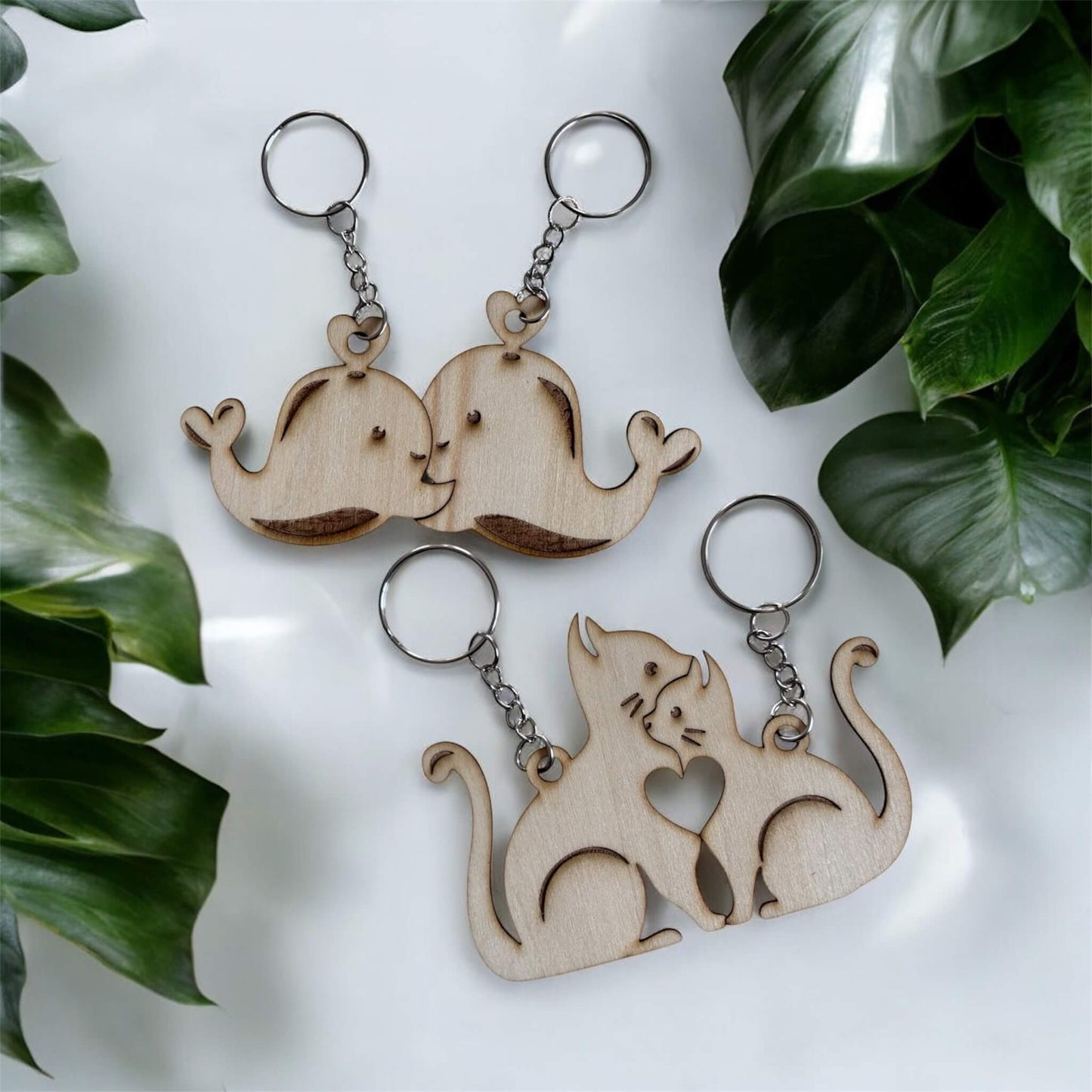 Dolphin and Cat pair of wooden key rings