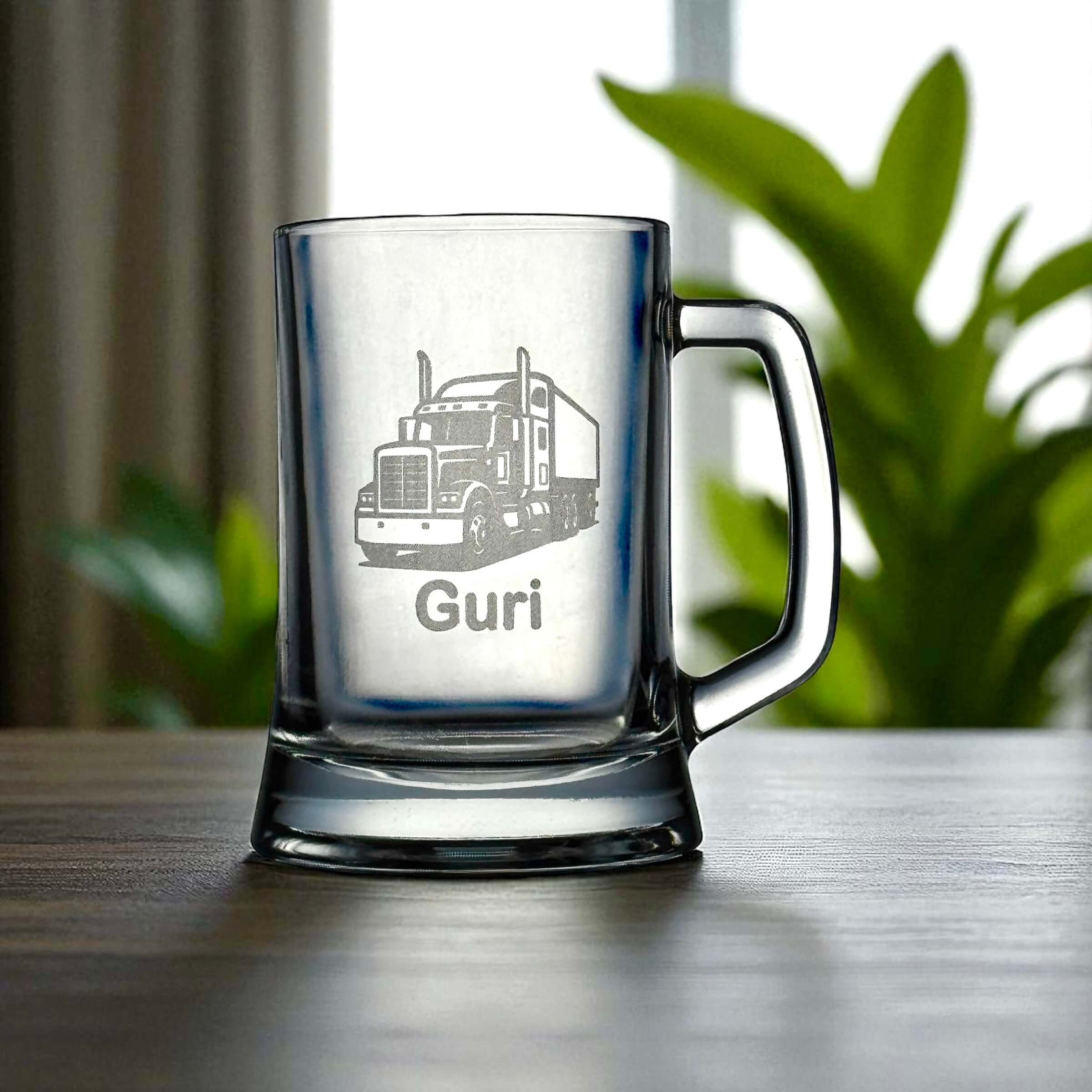 Durable engraved beer stein for truck drivers, featuring custom name and design.