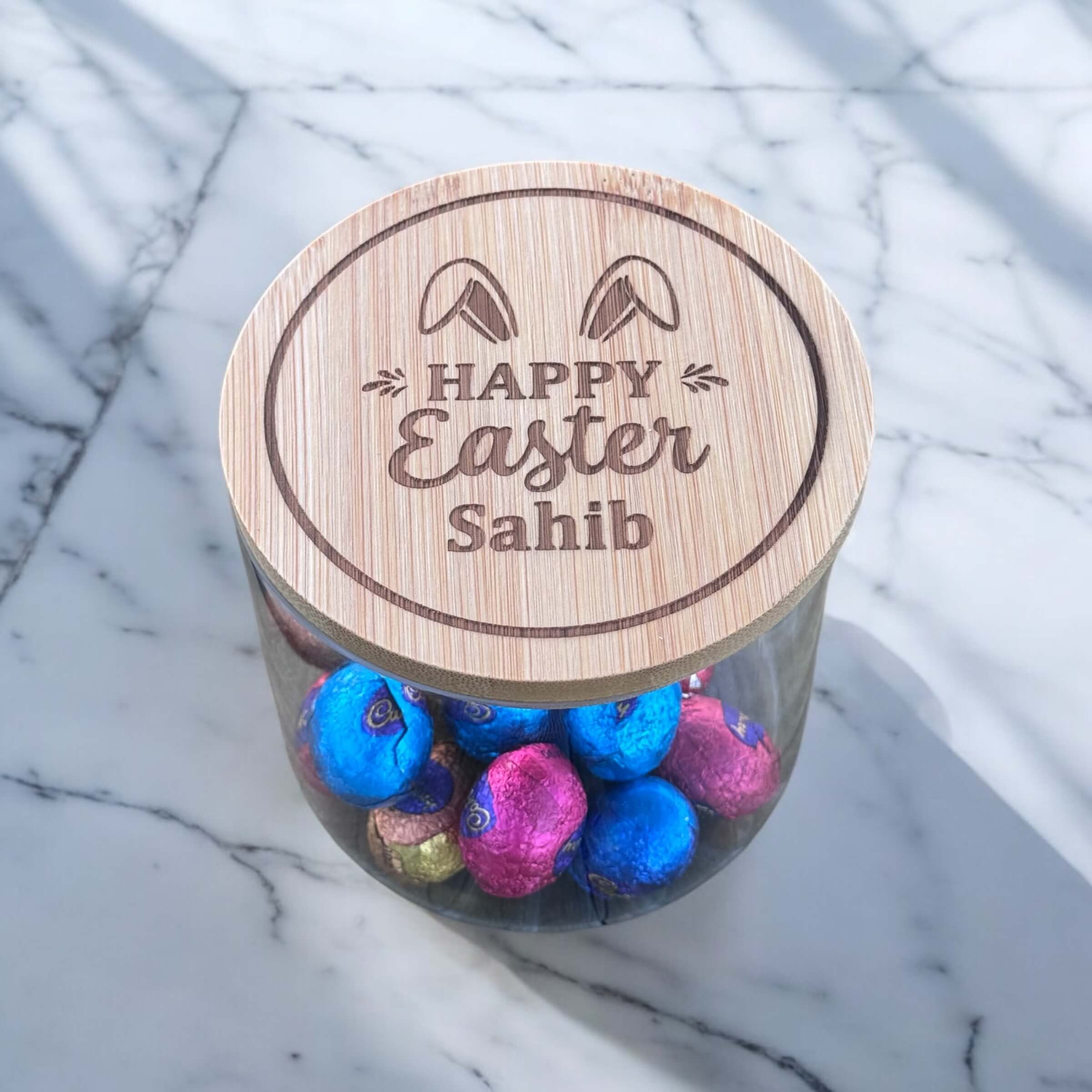 Easter Egg Jar with engraved Bamboo Lid with name 