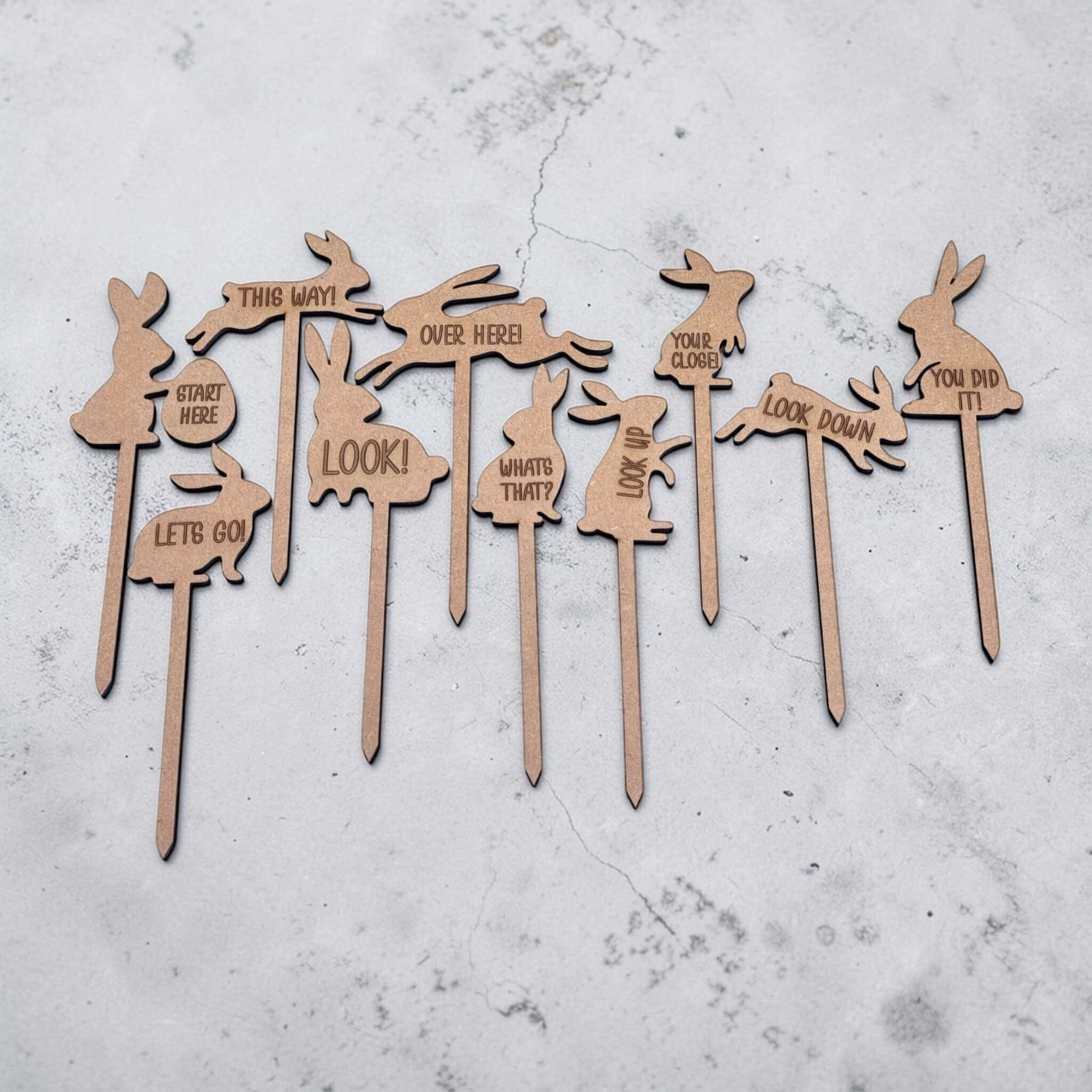 Easter egg hunt trail marker stakes set, wooden bunny shaped signs with start here this way you did it clues, kids Easter activity