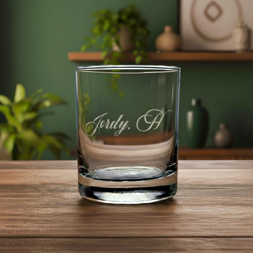 Elegant etched glass with name Jordy. A in script font, personalised drinkware gift