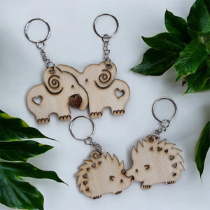 Elephant & Hedgehog wooden key tag 