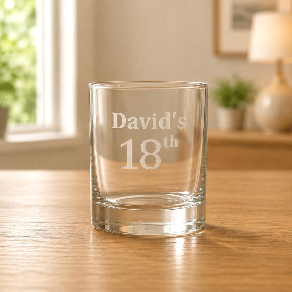Engraved 18th birthday shot glass in warm light with soft home background