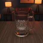 Engraved 21st birthday beer mug with name Ryan and message “Brewing Since 2004” on table with soft lighting