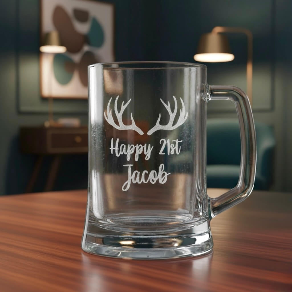 Engraved 21st birthday beer stein with name Jacob and antler artwork on polished wooden table