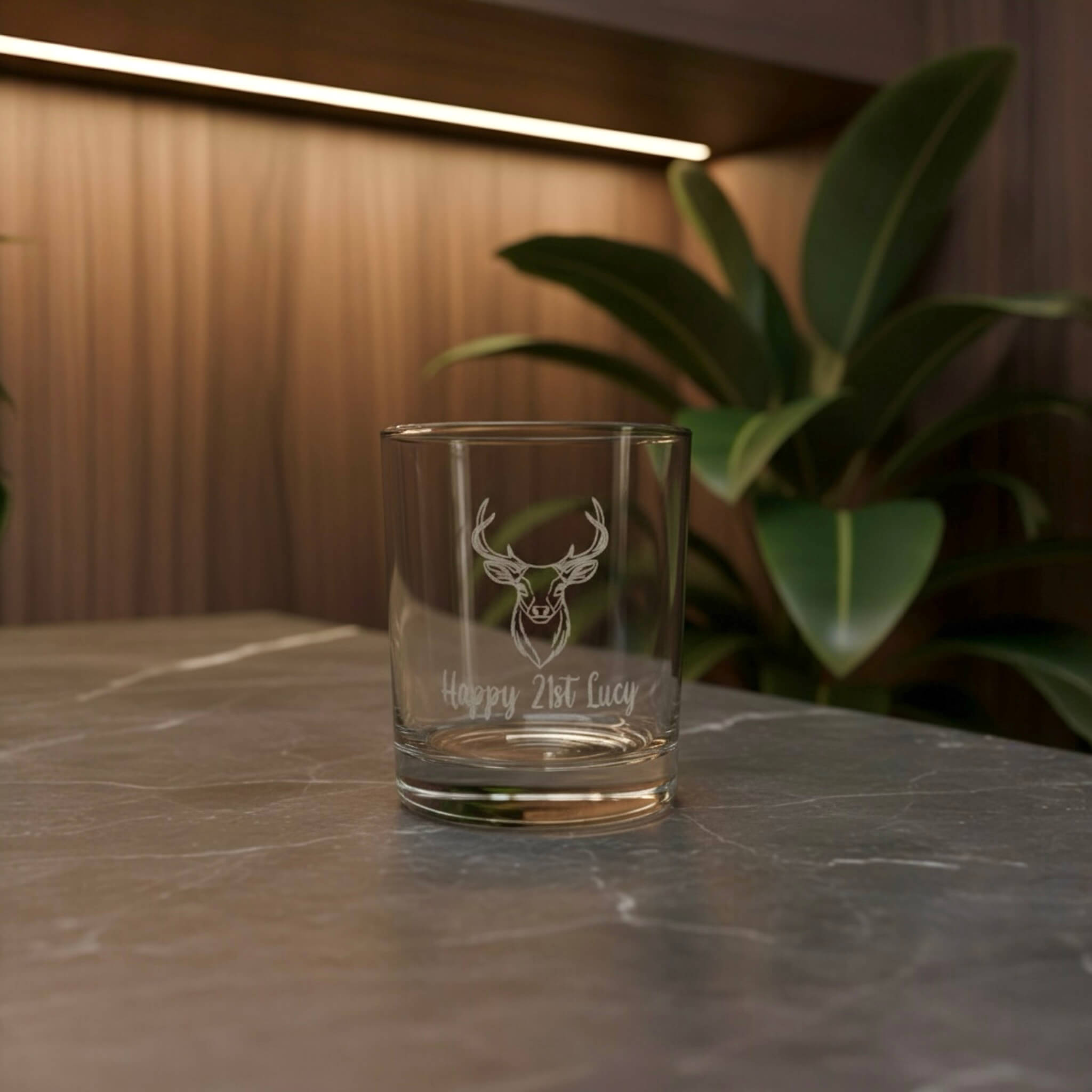 Engraved 21st birthday tumbler with stag head and Lucy name, custom gift for milestone