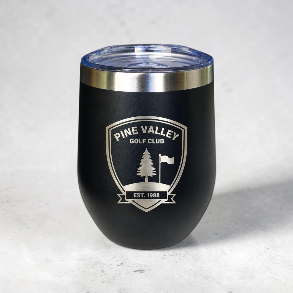 Engraved 300ml black coffee cup with custom golf club logo