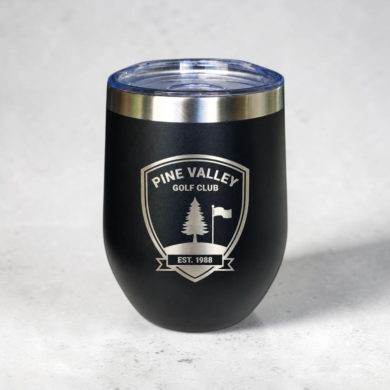 Engraved 300ml black coffee cup with custom golf club logo