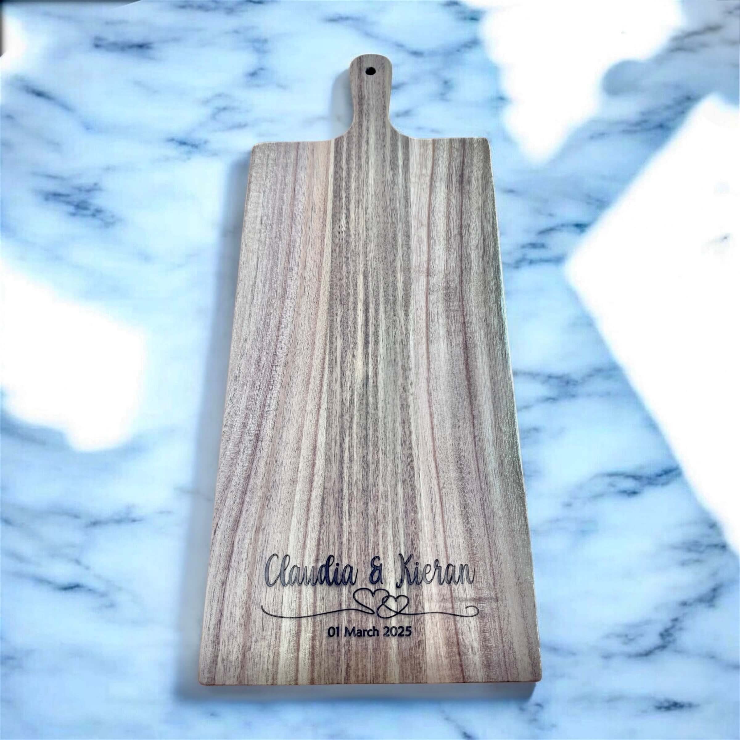 Engraved Acacia wood board for wedding reception display and serving
