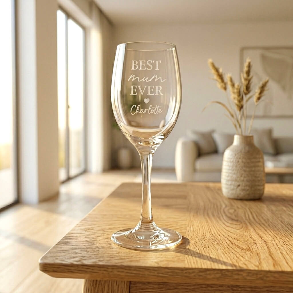 Engraved "Best Mum Ever" personalised wine glass for Mum with custom name, styled on a sunlit oak coffee table