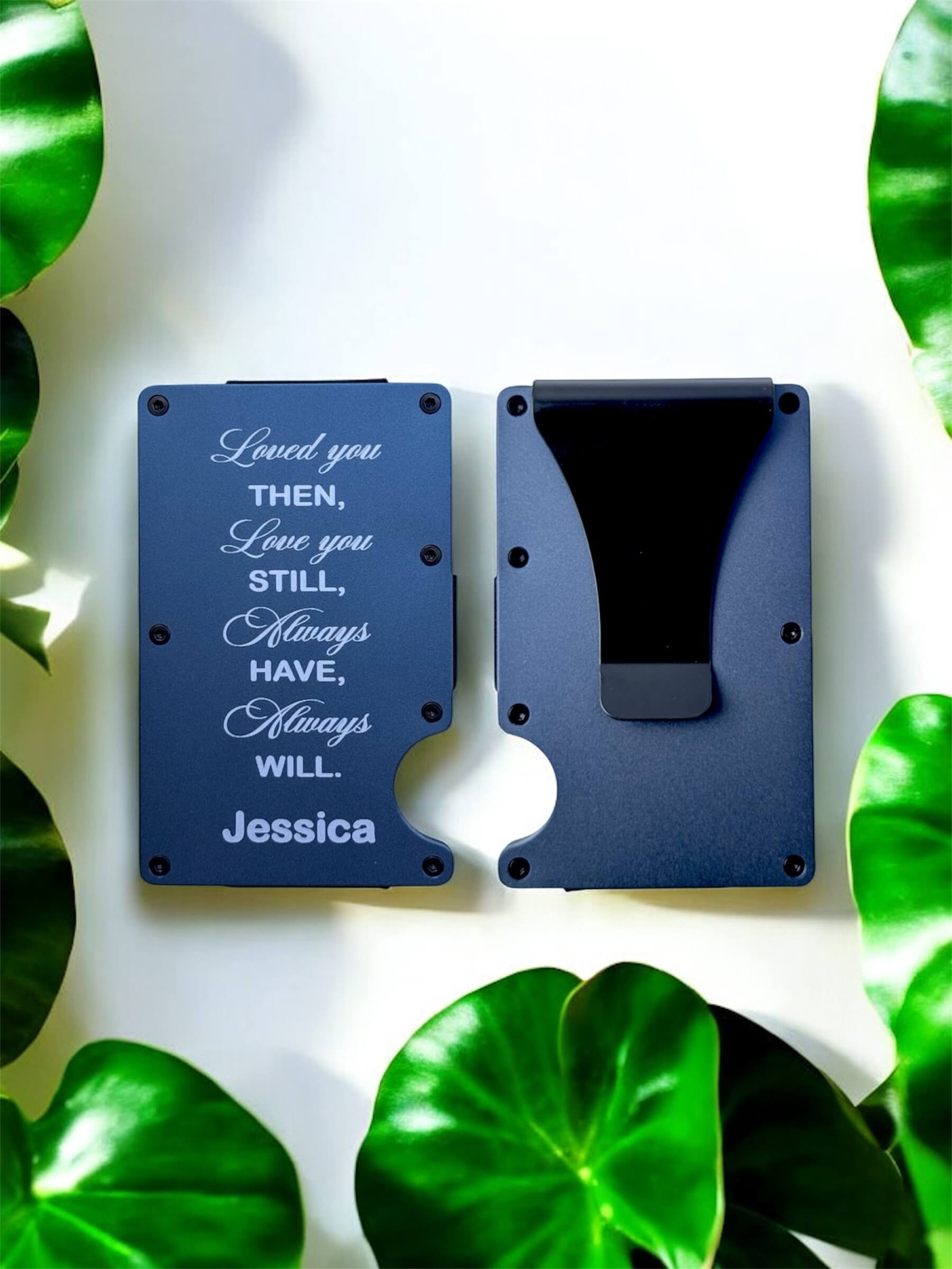 Engraved Card Holder with Love messages on one and image from back of the other