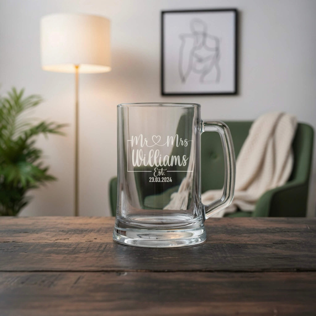 Engraved Mr and Mrs beer mug with surname Williams and wedding date, perfect personalised wedding gift