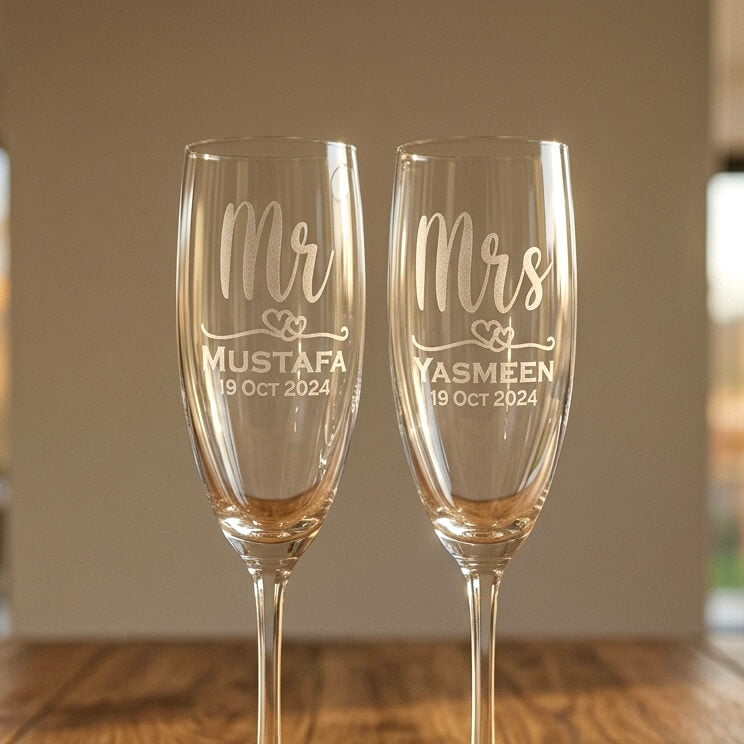 Engraved Mr and Mrs champagne flute set with custom names and wedding date, styled on an oak table in natural light