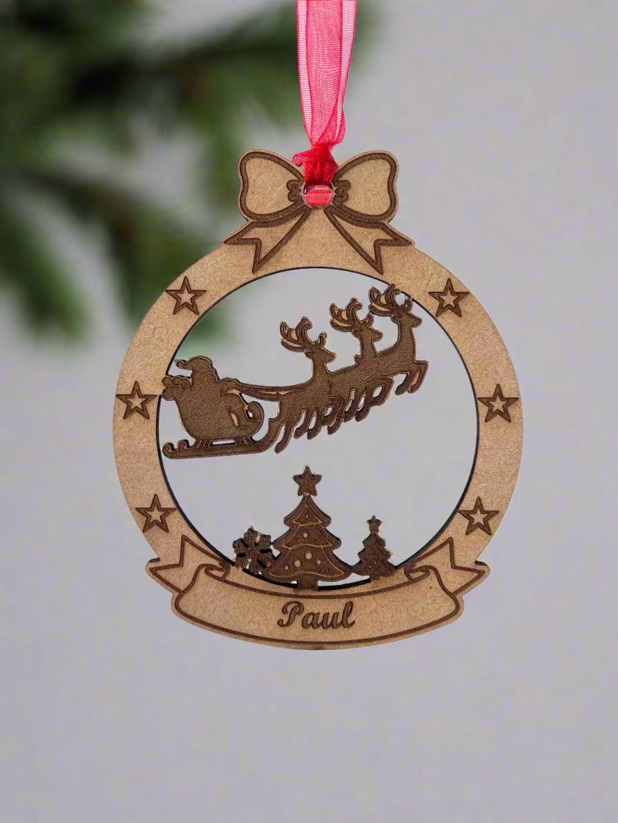 Engraved Santa on Sleigh Ornament