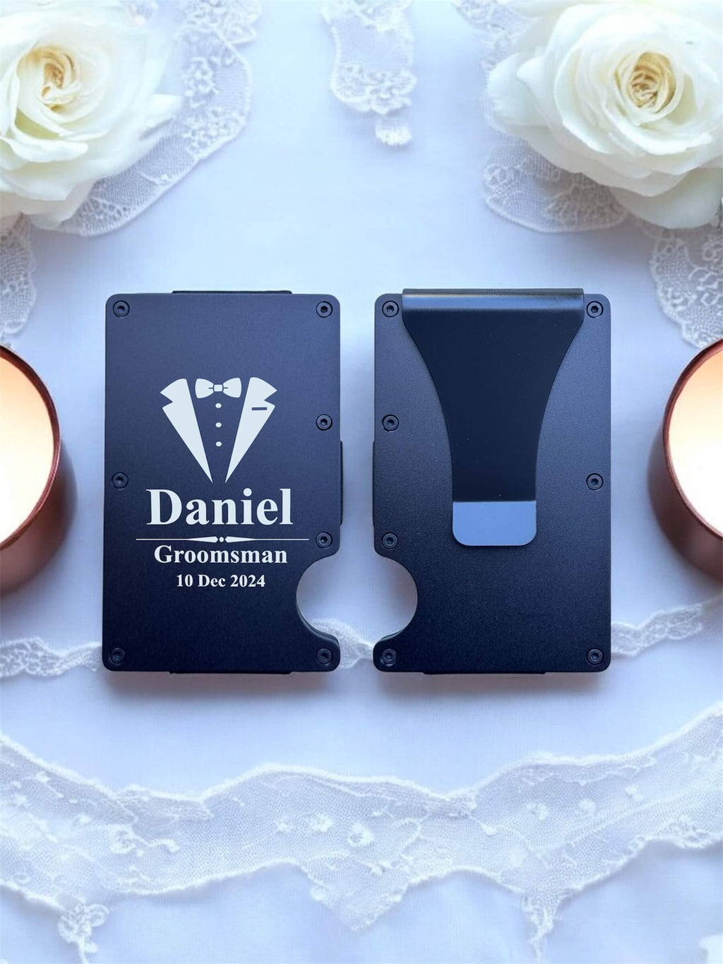 Engraved Wedding Card Holder with Cash Clip from front and back