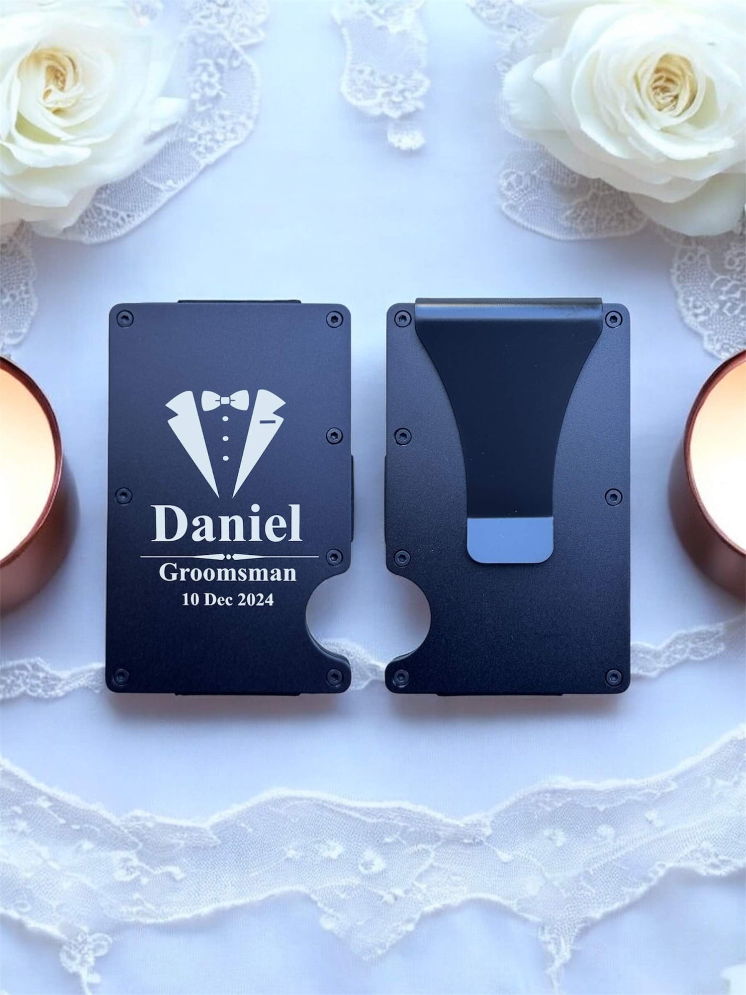Engraved Wedding Card Holder with Cash Clip from front and back